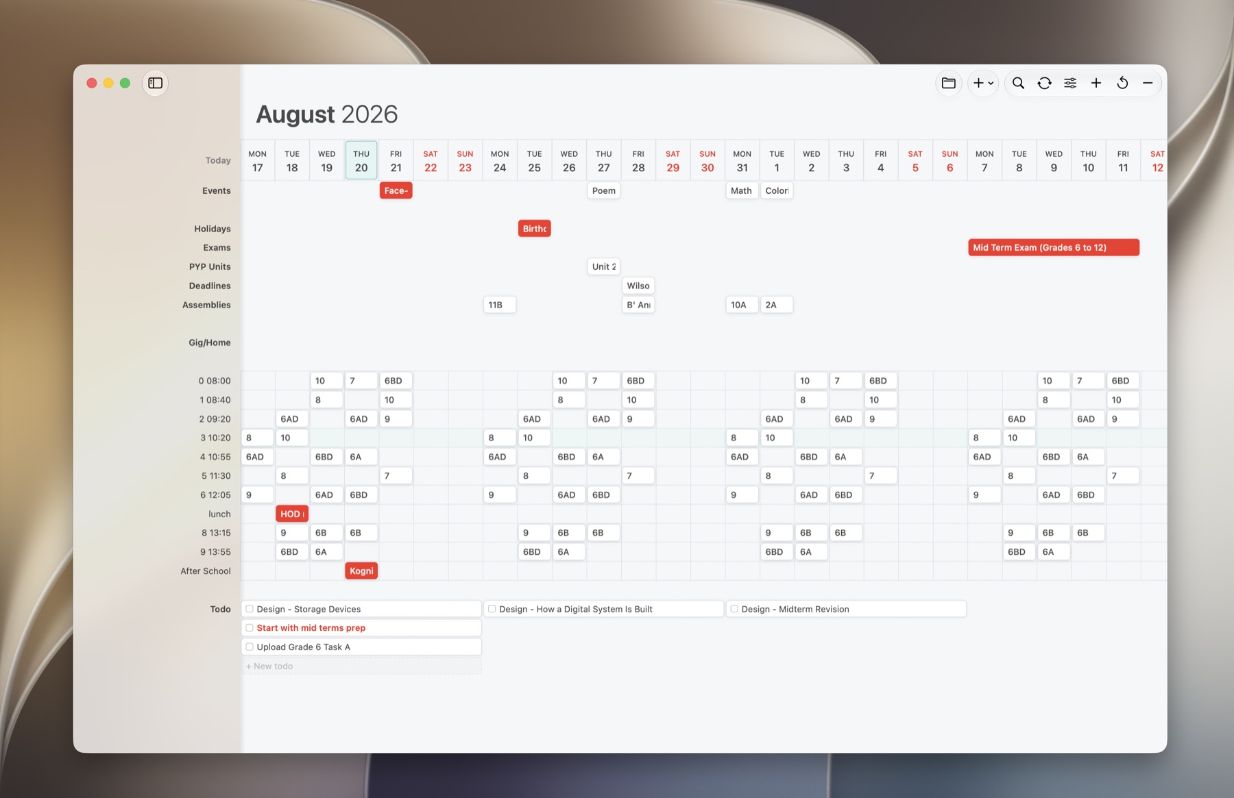 The PlanWell window showing August 2026: event rows for holidays, exams and assemblies above a timetable of classes by period, with a todo list underneath.